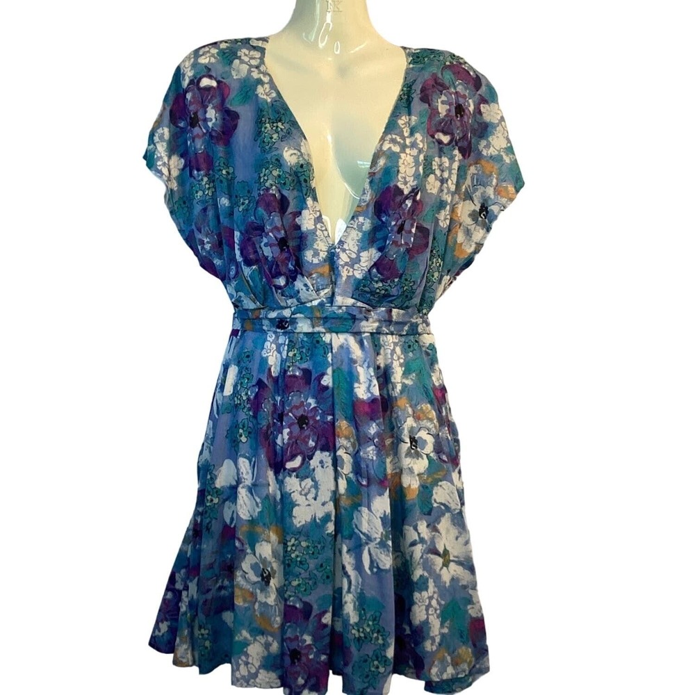 Free People Floral Mini Dress Womens Small Blue Purple Good Boho V-Neck Tie Back - Picture 3 of 13